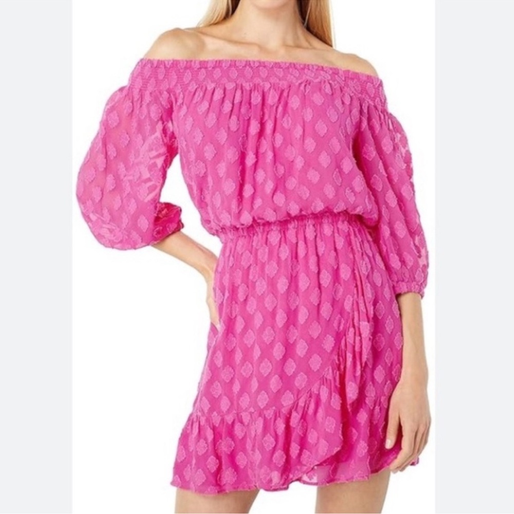 Lilly Pulitzer Rochelle Off the Shoulder Vibrant Pink Romper Dress